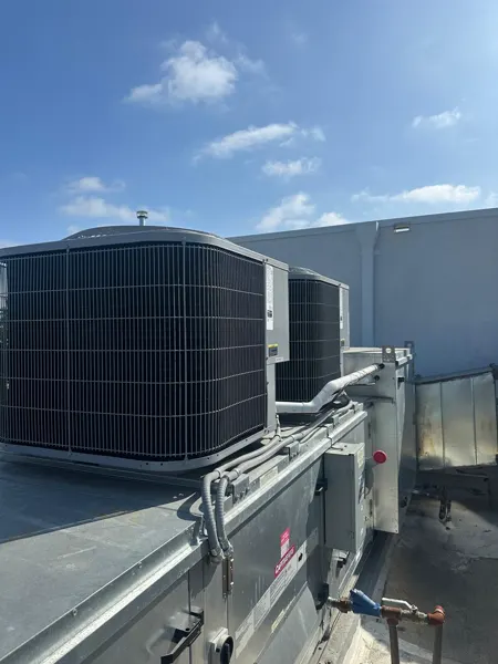 Rooftop package unit on a commercial building