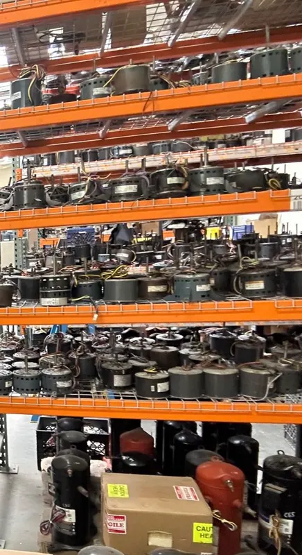 Our racks of HVAC motors, with compressors stored underneath