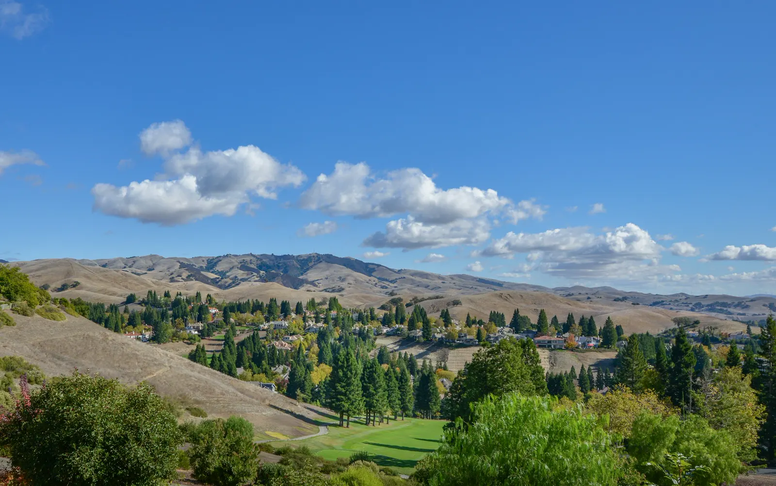 A scenic view of a valley and mountains