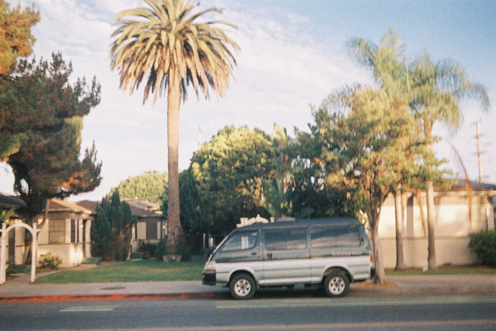A two-tone van parked on a street beside palm trees and suburban houses