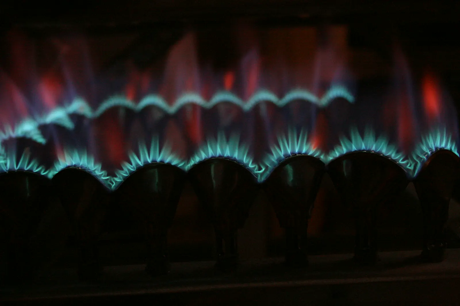 A row of gas burner flames inside a heater