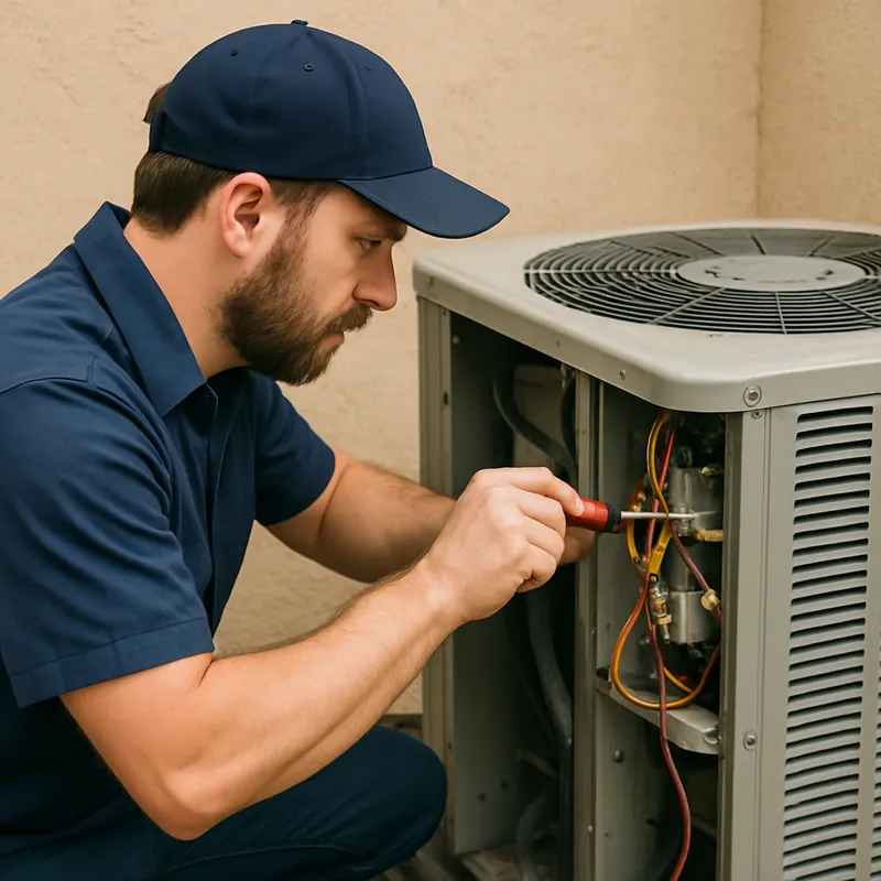 Licensed technician testing the contactor inside an outdoor AC condenser
