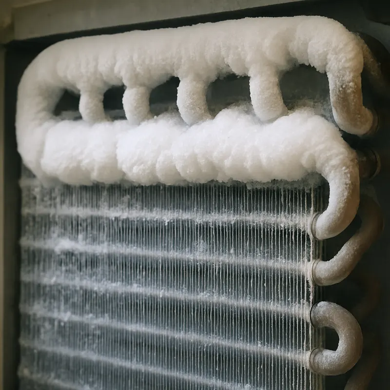 Ice built up across the top of an evaporator coil and its refrigerant tubing