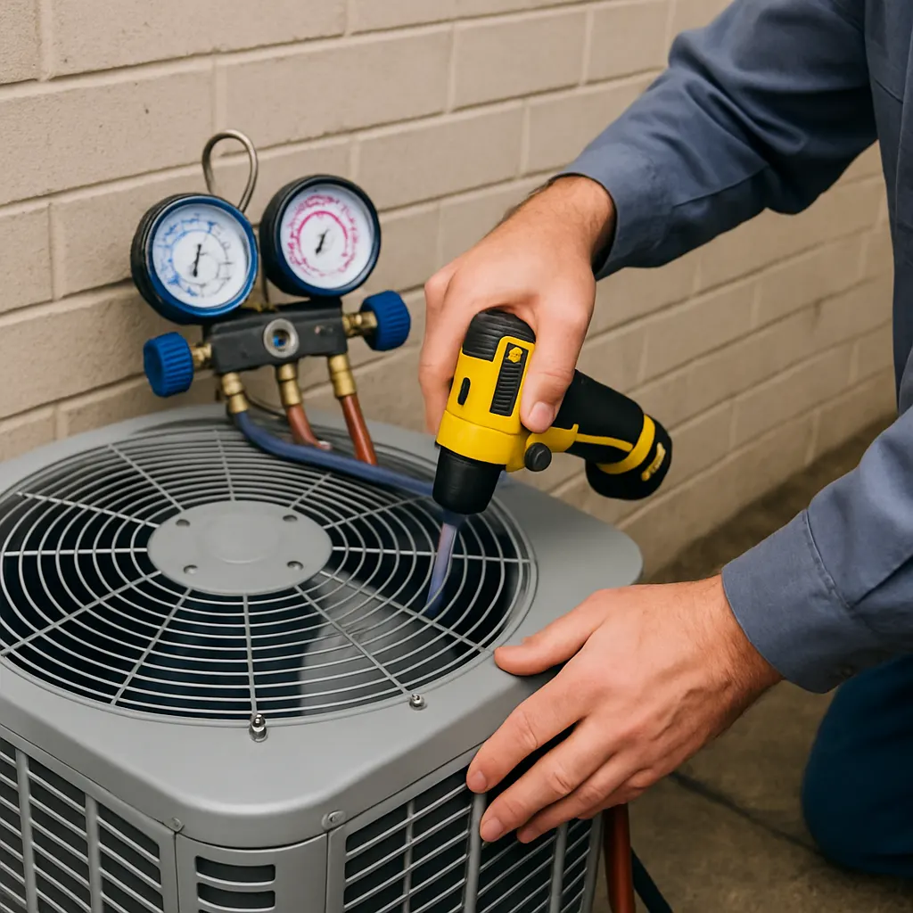 A technician checking pressures and testing for a refrigerant leak at an outdoor unit