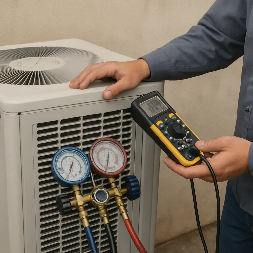 A technician checking pressures and readings at an outdoor condensing unit
