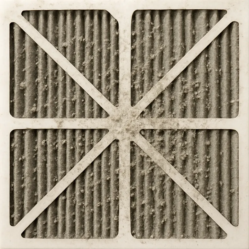 A pleated furnace filter packed gray with dust