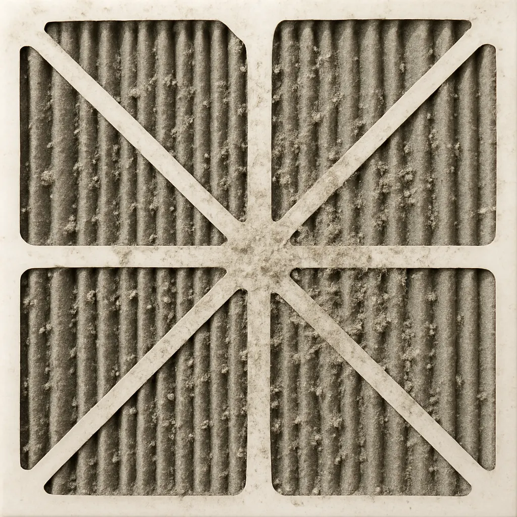 A pleated furnace filter packed gray with dust