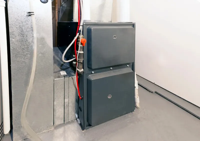 A gas furnace in a utility closet with its gas line and shutoff valve on the left side
