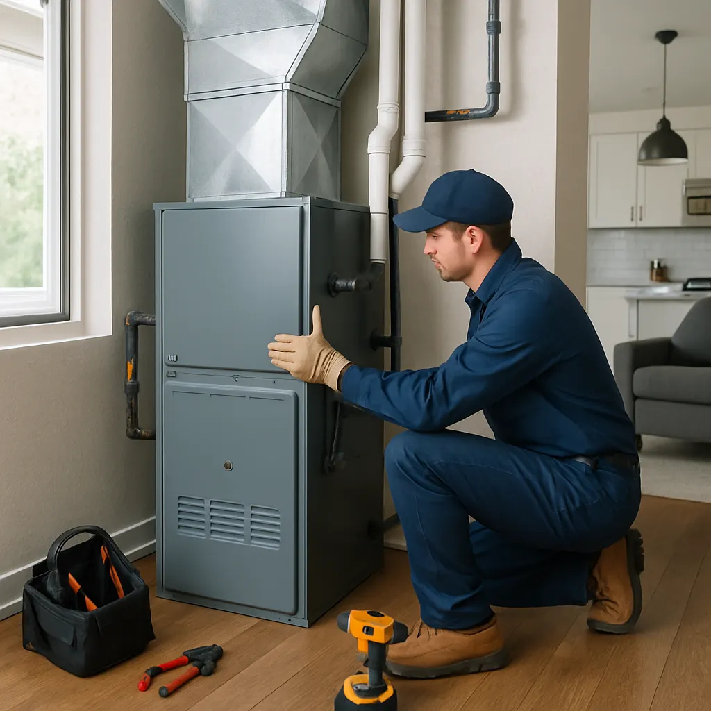 New gas furnace installed in a home utility space