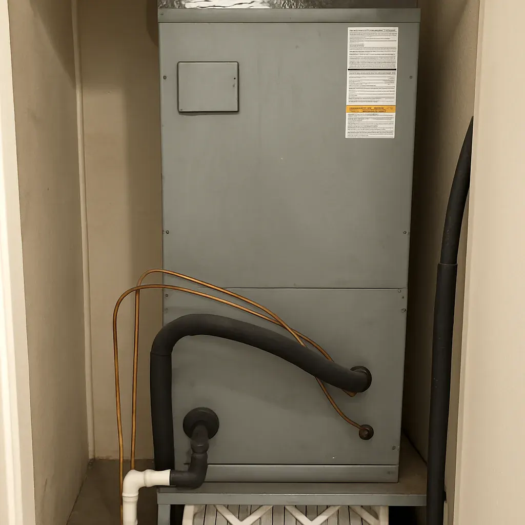 Air handler installed in a utility closet with the supply plenum above it