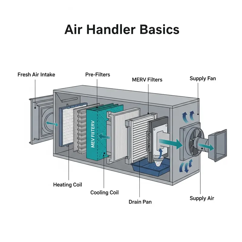 Cutaway diagram of an air handler showing the filters, heating and cooling coils, drain pan and supply fan
