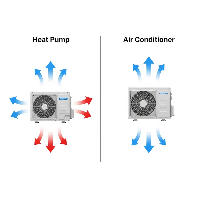 Diagram comparing a heat pump, which moves heat in both directions, with an air conditioner, which only cools