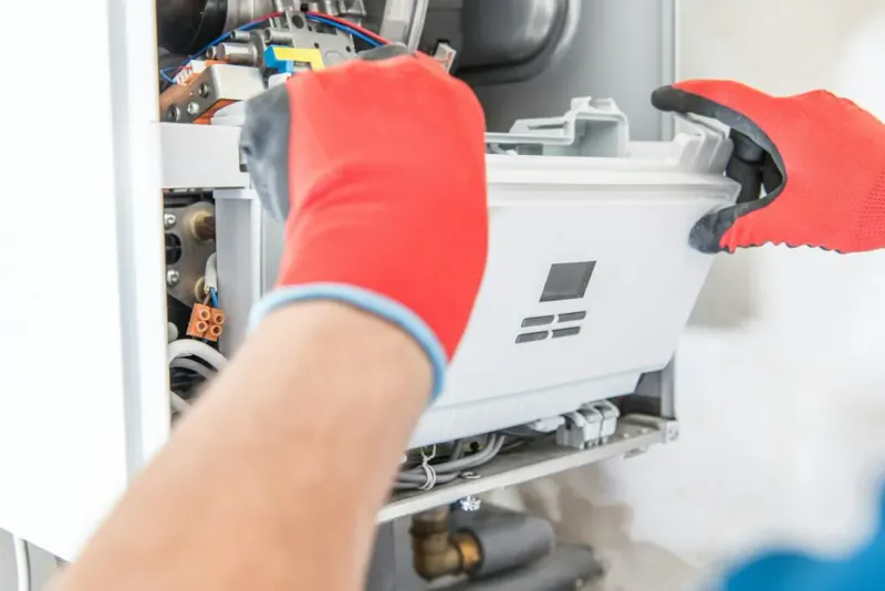 Technician kneeling at an open gas furnace during a replacement