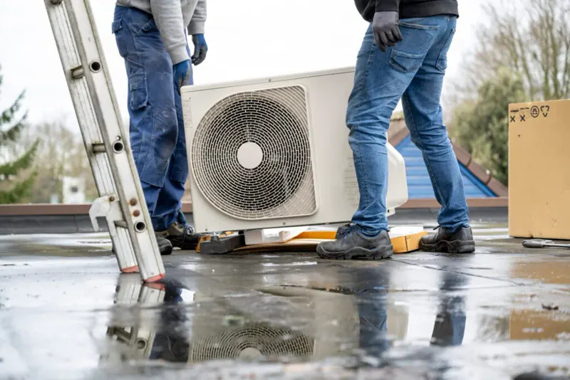 Two installers standing beside a new outdoor condenser on a flat roof