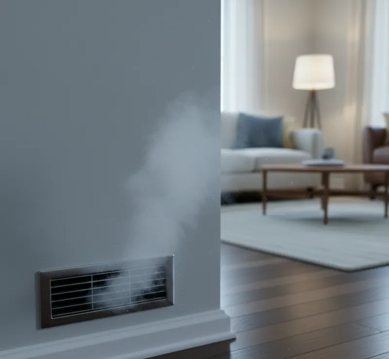Wall supply vent in a living room blowing a visible stream of cold air