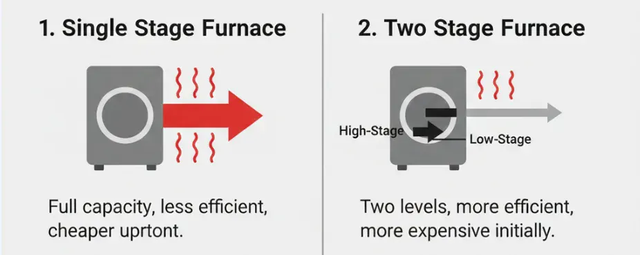 Two gas furnaces side by side, a single-stage and a two-stage model