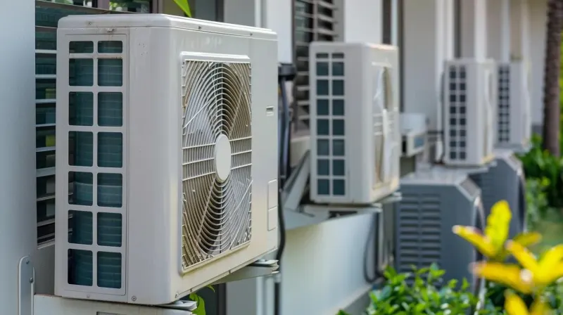 Row of ductless mini split outdoor units mounted along the wall of an apartment building
