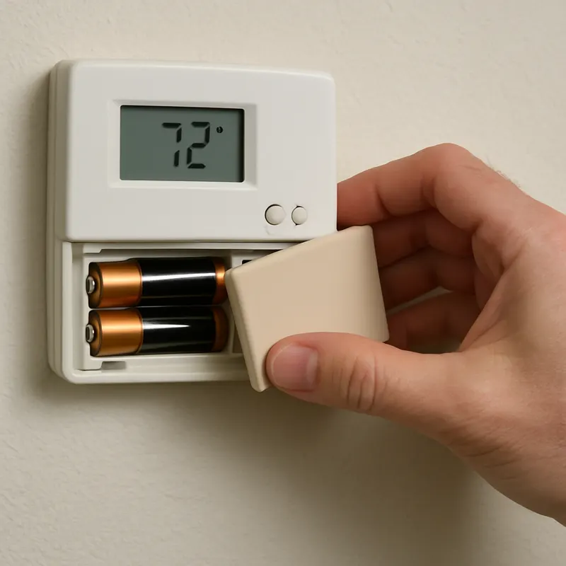 A hand pulling the cover off a wall thermostat to reach the batteries