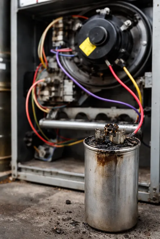 A burned-out furnace run capacitor with a blackened, blown top standing in front of an open furnace cabinet
