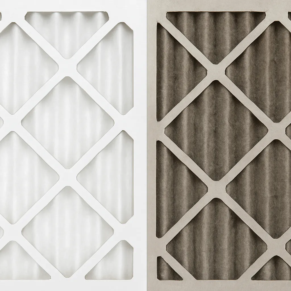 A clean pleated filter beside one of the same size packed gray with dust