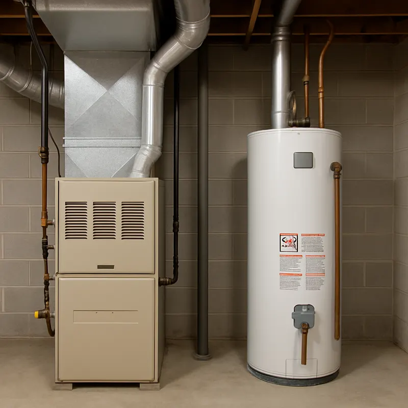 A gas furnace and a separate tank water heater side by side in a utility space