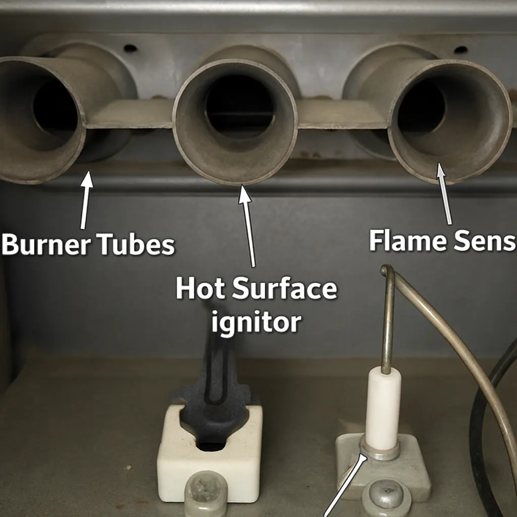 Inside a furnace burner compartment with the burner tubes, the hot surface ignitor and the flame sensor labeled