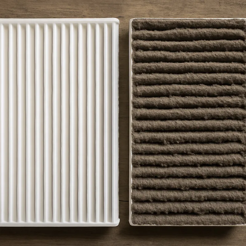 A clean white pleated air filter next to a used one caked in gray dust
