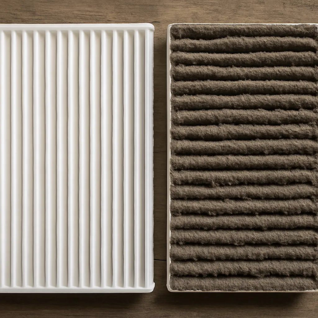 A clean white pleated air filter next to a used one caked in gray dust