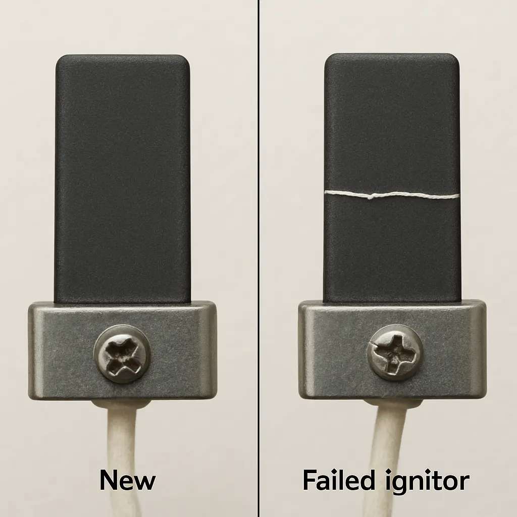 Side by side: a new hot surface ignitor and a failed one with a thin crack across the blade