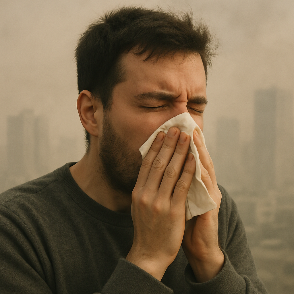 Person sneezing due to poor air quality