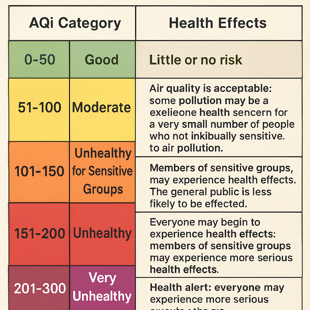 Diagram of AQI categories and health effects