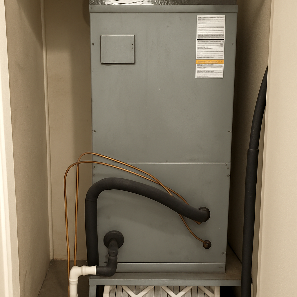 Inside view of an air handler setup in a utility closet