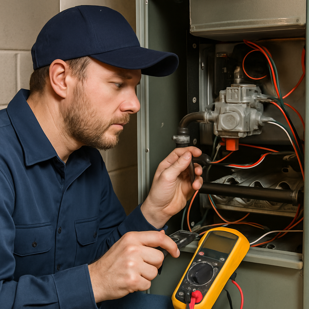 Technician inspecting a furnace ignition system