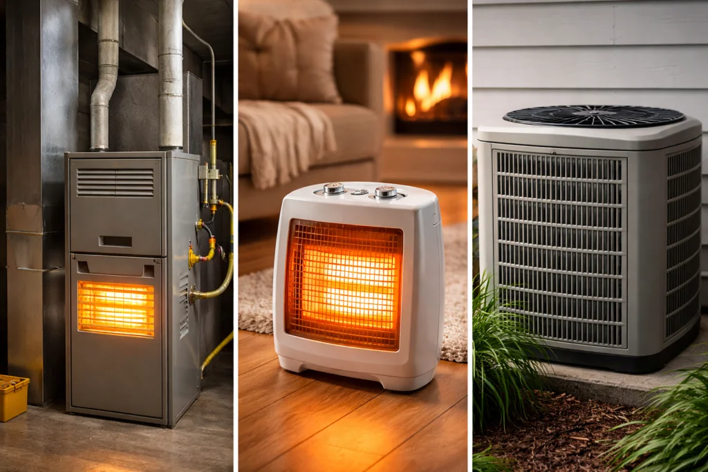 A gas furnace, an electric heater and a heat pump