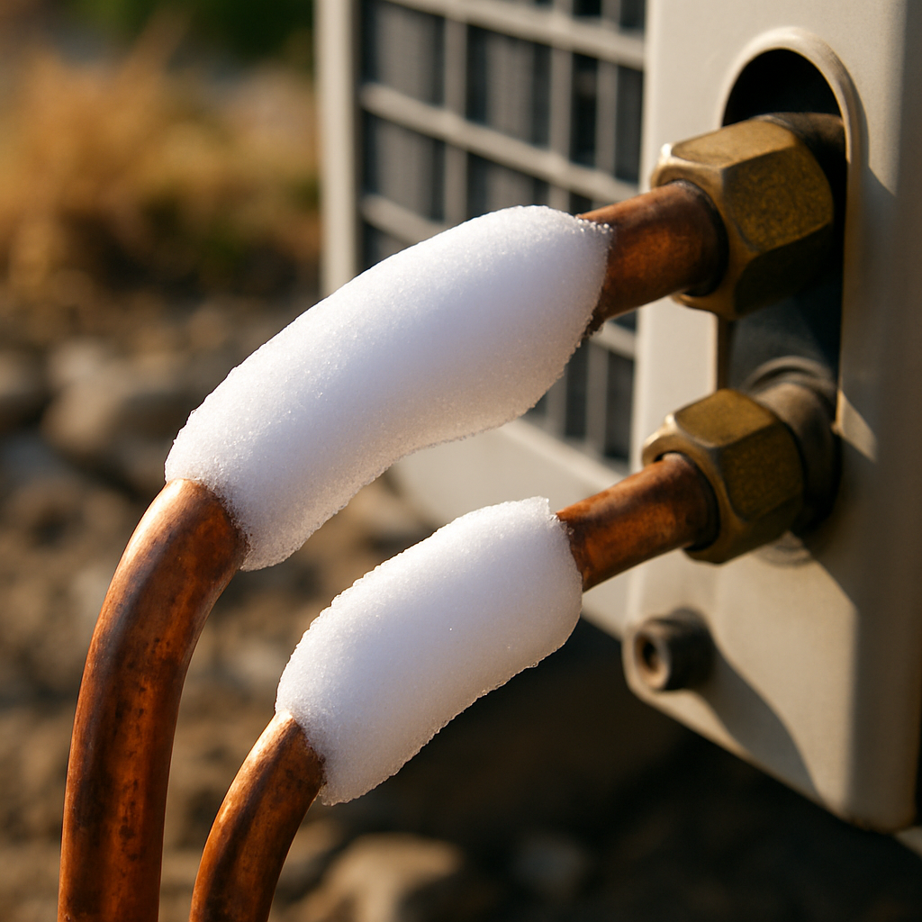 A close-up photo of the copper pipes connected to an outdoor AC unit, showing a layer of white frost and ice forming on them on a sunny day