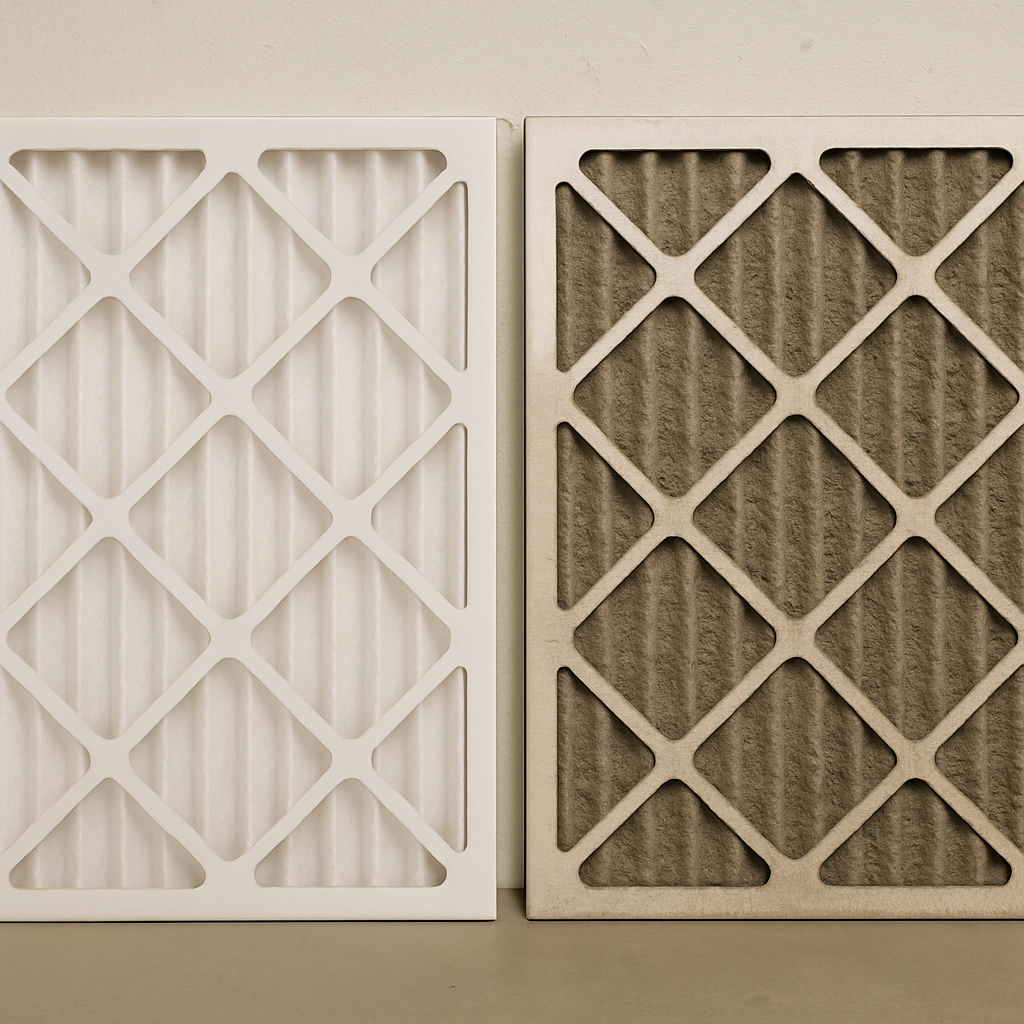 A side-by-side comparison of a pristine, white new furnace filter next to a filthy, grey, dust-caked used filter
