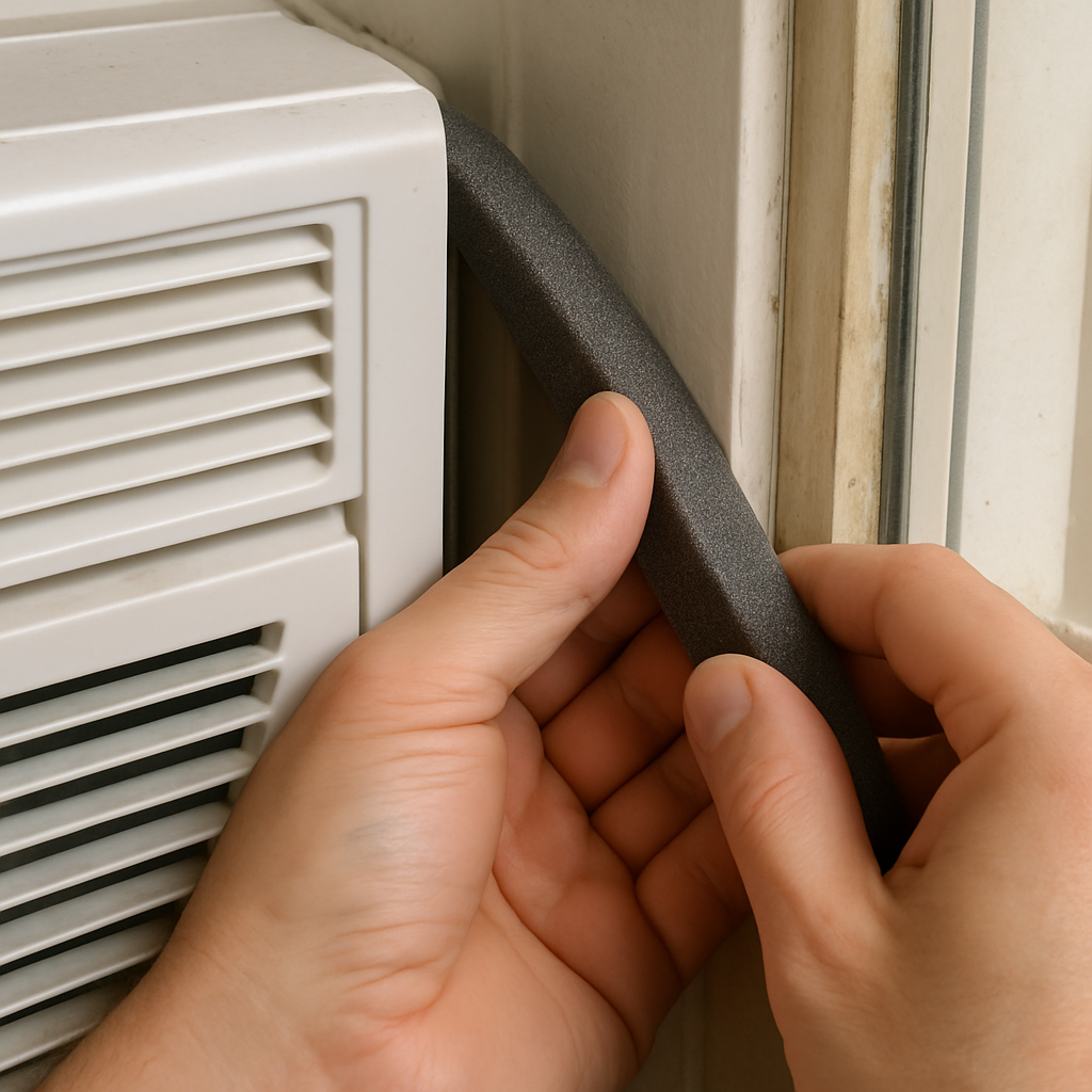 A close-up shot of foam insulation being tucked into the gap between the window AC side panel and the window frame