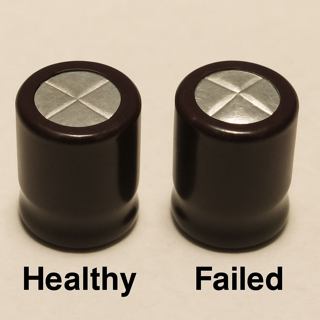 A simple, clear side-by-side photo showing two capacitors. One is labeled "Healthy" and has a flat top. The other is labeled "Failed" and has a clearly domed, bulging top