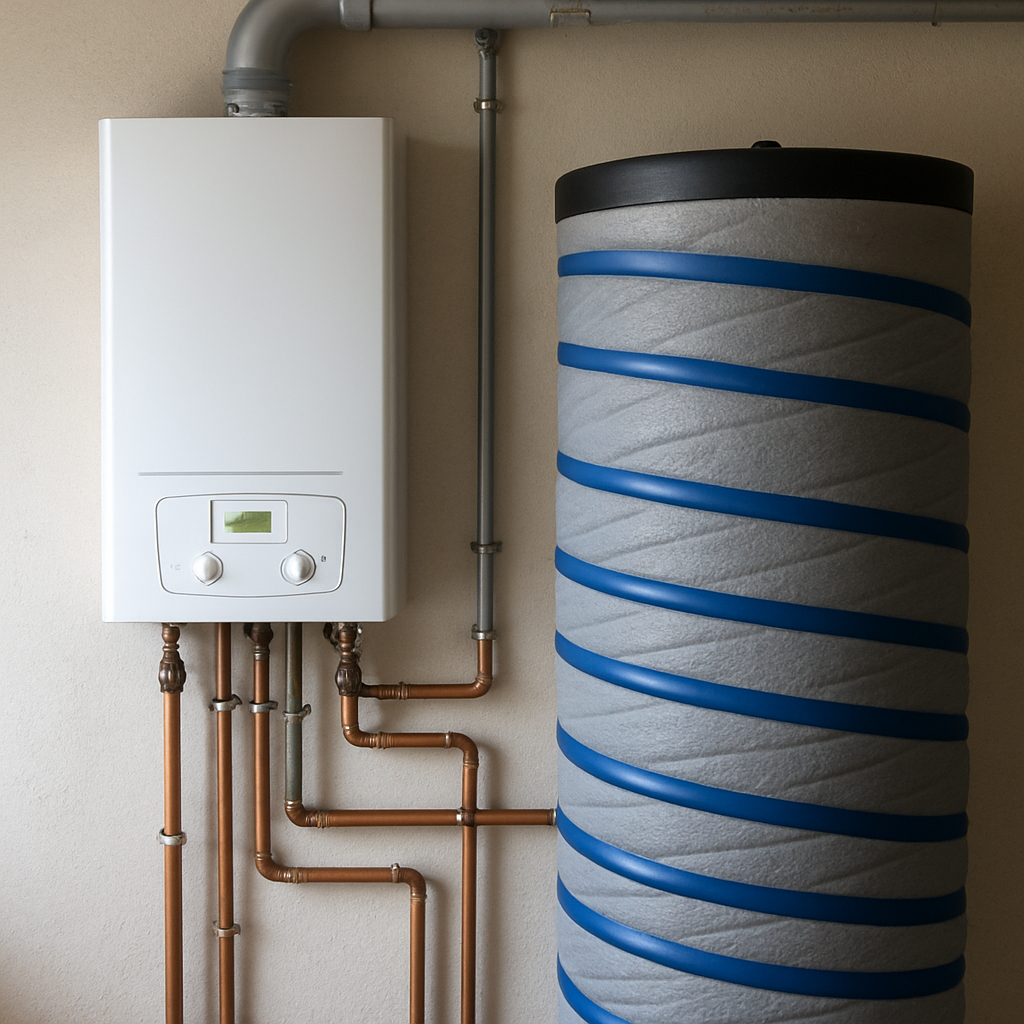 A simple photo showing a boiler next to a visually distinct, well-insulated indirect water heater tank