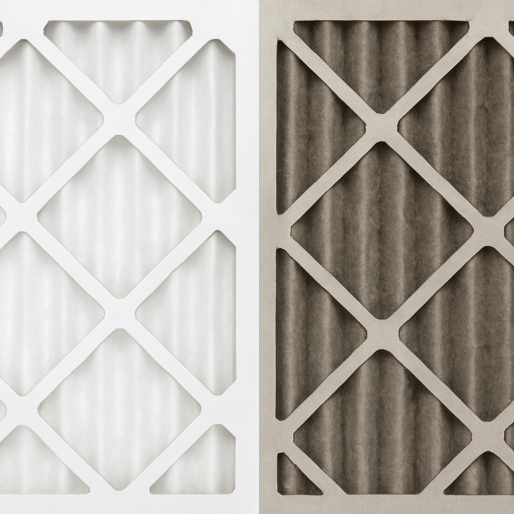 A side-by-side comparison showing a clean, white, new air filter next to a dirty, grey, clogged air filter