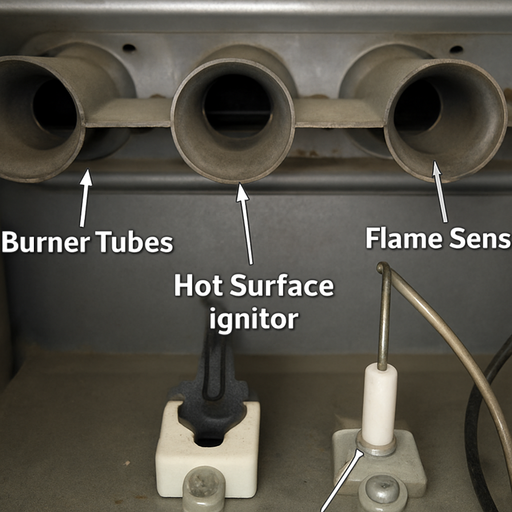 A clear photo from inside a furnace's burner compartment. Arrows point to and label three key parts: 1) The Burner Tubes, 2) The Hot Surface Ignitor (dark gray, paperclip shape), and 3) The Flame Sensor (thin metal rod with a slight bend)