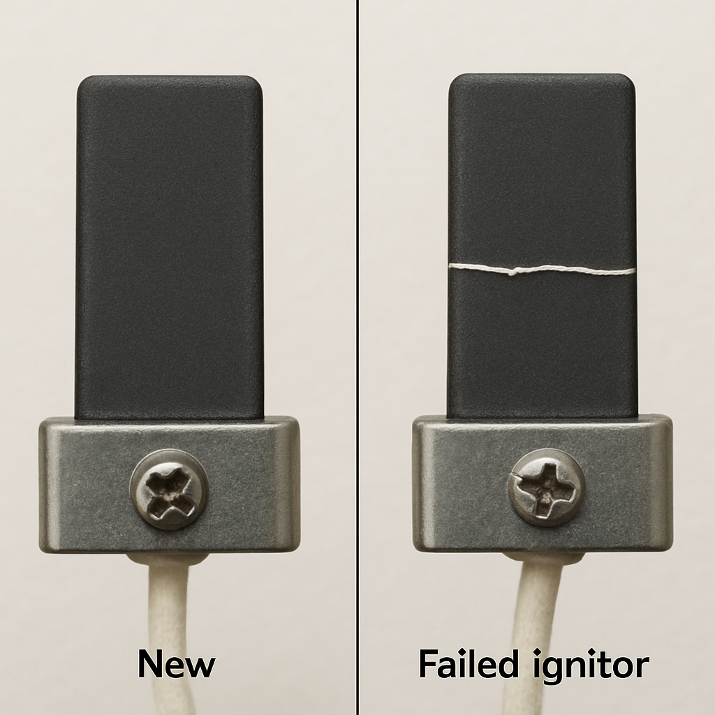 A close-up, side-by-side comparison. On the left, a new, dark gray hot surface ignitor. On the right, a failed ignitor with a visible, thin white line (the crack) across its surface
